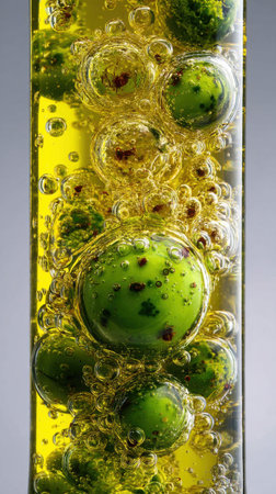 Green olives in olive oil with bubbles on a gray background.の素材
