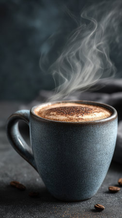 Cup of coffee with foam and coffee beans on a dark backgroundの素材