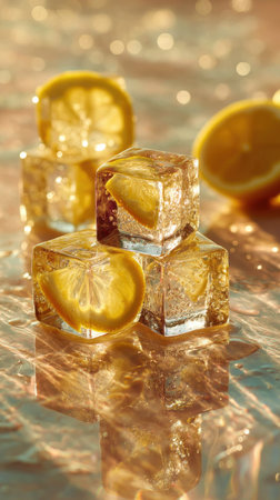Ice cubes with lemon slices and ice cubes on a light background.の素材