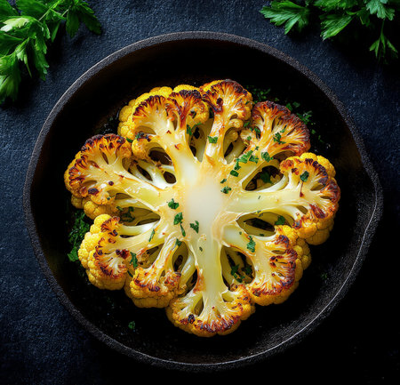 Roasted cauliflower with parsley in cast iron pan on dark backgroundの素材