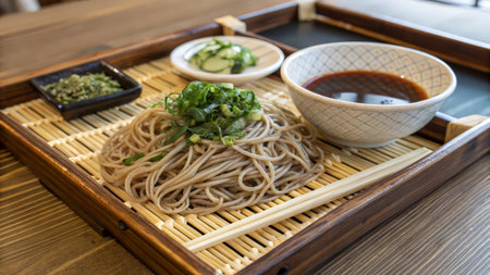 Soba noodles with soy sauce and seaweed on a wooden tableの素材