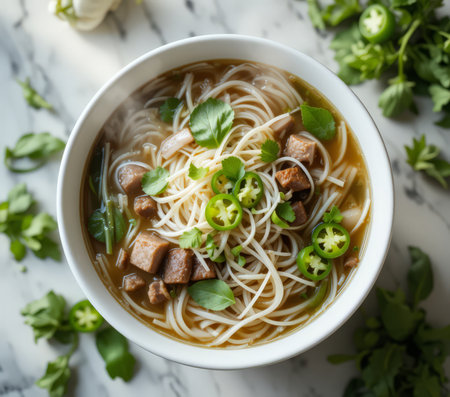 Bowl of asian noodle soup with beef meat and vegetablesの素材
