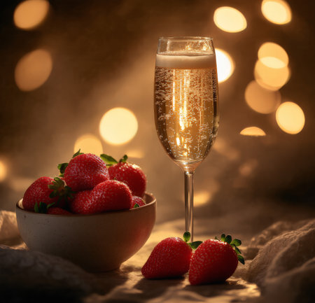 Champagne and strawberries on a background of bokeh lights.の素材