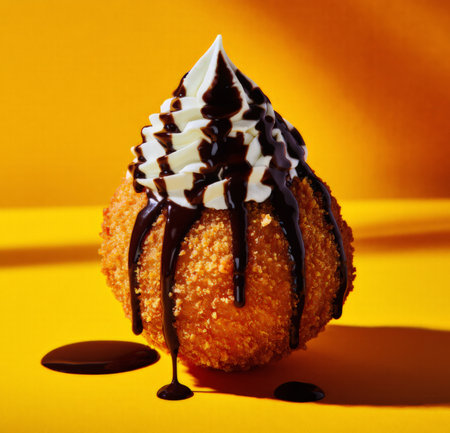 Cupcake with chocolate glaze on yellow background. Toned.の素材