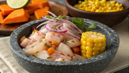 Close up of a bowl of chicken salad with sweet corn, corn and onionの素材