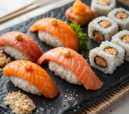 Sushi set with salmon, eel, nori and cream cheese. Sushi menuの素材