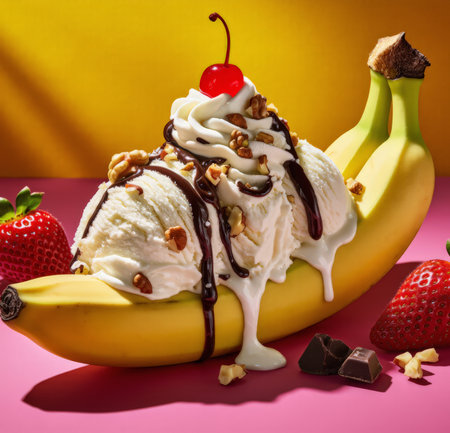 Banana split with ice cream, chocolate and cherry on colorful backgroundの素材