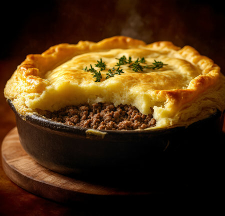 Piece of meat pie in baking dish. Selective focus.の素材