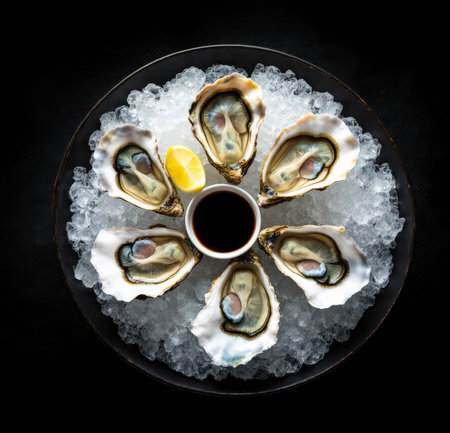 Fresh oysters with lemon and ice on black background, top viewの素材