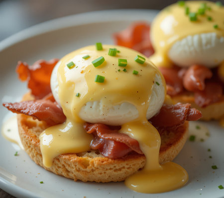 Eggs benedict with hollandaise sauce and baconの素材