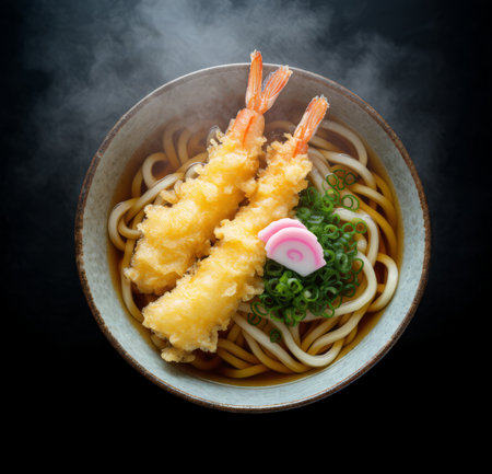 Japanese Udon noodles with shrimps tempura on black backgroundの素材