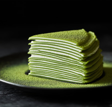 Green tea crepe cake on a black background. toning. selective focusの素材
