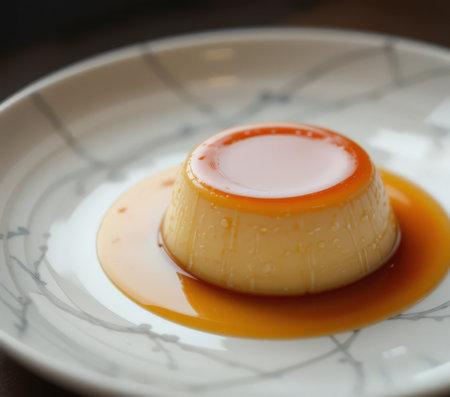 Caramel custard pudding on white plate, shallow depth of fieldの素材