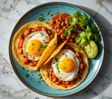 Mexican tacos with baked beans and fried eggs on white marble backgroundの素材