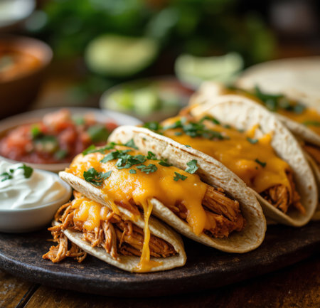 Mexican tacos with beef, cheese and salsa on wooden background.の素材