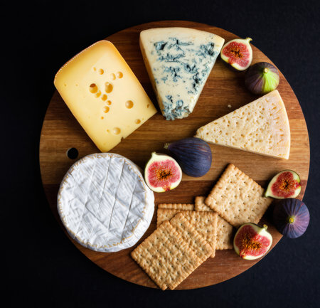 Cheese platter with crackers and figs on black backgroundの素材