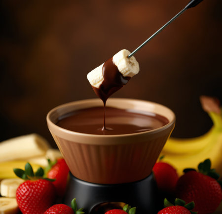 Chocolate fondue with fresh fruits on brown background, closeupの素材