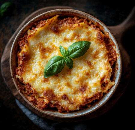 Baked lasagna with mozzarella cheese and basil in wooden bowl over rustic background, top viewの素材