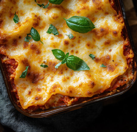 Baked lasagna with mozzarella cheese and basil, squareの素材