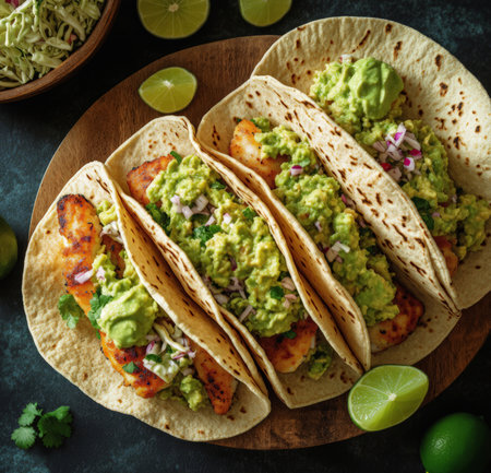 Mexican tacos with shrimp and guacamole on dark backgroundの素材