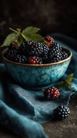 Fresh blackberries in a bowl on a dark background, selective focusの素材