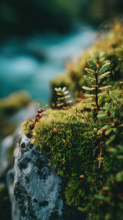 Red ant on a green moss on a rock in the forest.の素材