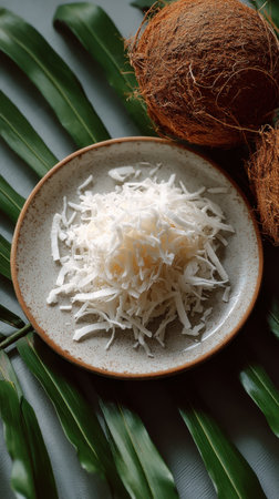 Coconut flakes on plate with palm leaf on grey background.の素材