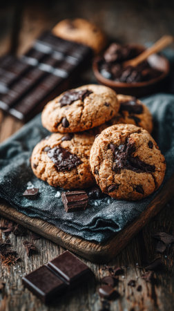 Chocolate chip cookies on a dark wooden background, selective focus.の素材