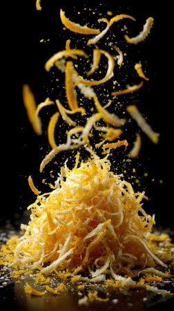 Shredded orange peel on black background. Shredded orange peel on black background.の素材