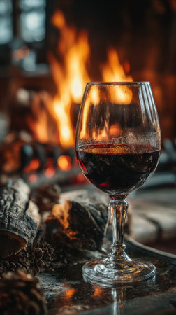 A glass of red wine on a table in front of a fireplace.の素材