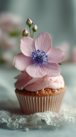 Delicious cupcake with flowers on a light background. Selective focus.の素材