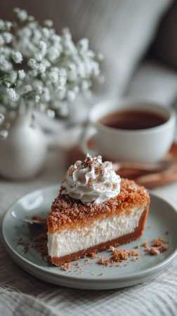 Cake with whipped cream and cup of tea on a gray plateの素材
