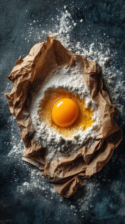 Raw egg on baking paper with flour on dark background, top viewの素材