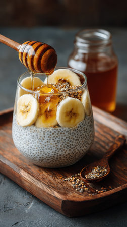 Chia seeds pudding with banana and honey in a glass on a wooden boardの素材