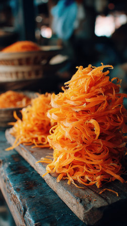 Close up of a pile of shredded carrot on a wooden table.の素材