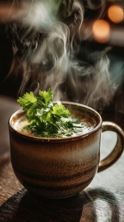 Cup of hot soup with parsley on wooden table in cafeの素材