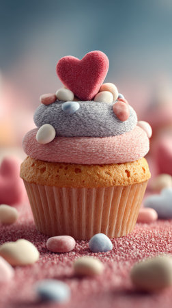 Delicious cupcake with heart on top on pink background, closeupの素材