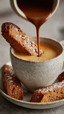 Cup of coffee with toasted baguette on a tableの素材