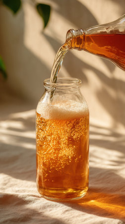 Pouring beer from bottle into glass on table in sunlight, closeupの素材