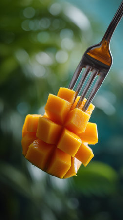 mango slices on a fork, close-up, selective focusの素材