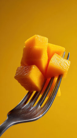 Mango cubes on a fork on a yellow background, close-upの素材