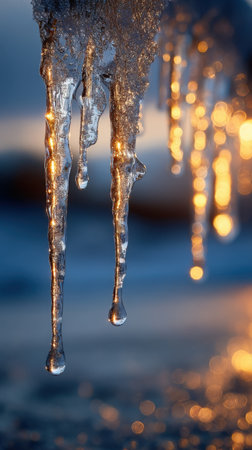 Icicles on the roof of a building at sunset in winterの素材