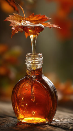 Bottle of maple syrup with autumn leaves on wooden table, closeupの素材