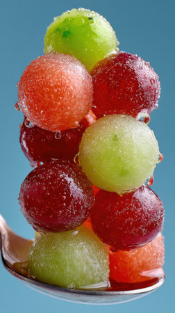 Frozen fruit in a spoon on a blue background close-upの素材