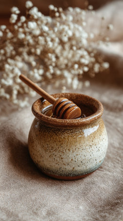 Honey in a jar and honey dipper on a wooden backgroundの素材