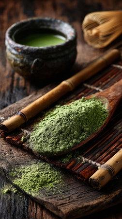 Matcha green tea powder in wooden spoon and whisk on wooden tableの素材