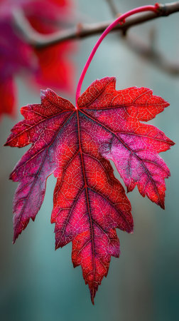 Autumn red maple leaf on blurred background. Shallow depth of field.の素材