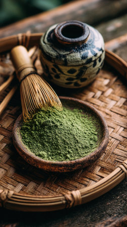 Matcha green tea powder in wooden bowl and whisk on bamboo trayの素材