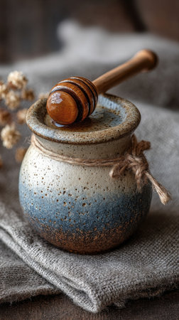 Honey in a pot with a wooden drizzler on a dark backgroundの素材