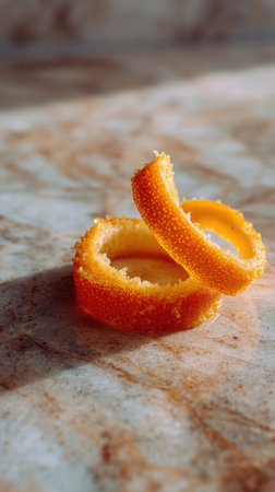 Close-up of orange peel on a marble surface. Selective focus.の素材